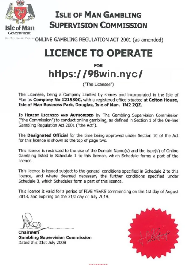 98Win được Isle Of Man cấp giấy phép hoạt động cá cược hợp pháp